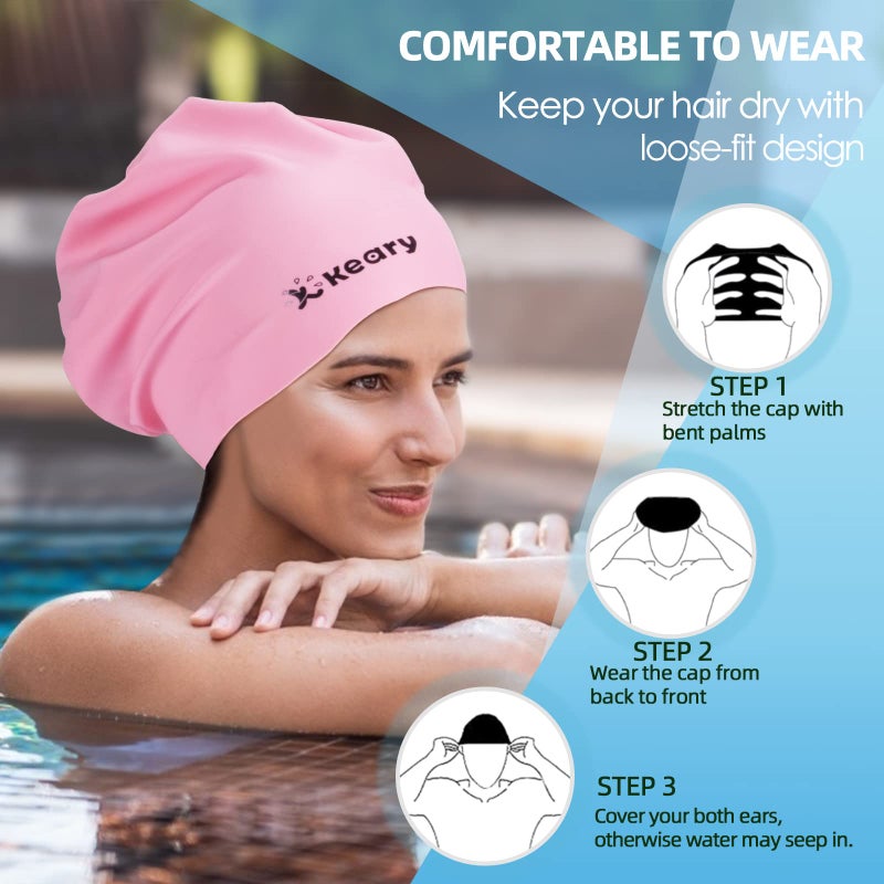 Keary Extra Large Swim Cap for Braids and Dreadlocks Afro Hair Extensions Weave Long Hair  Waterproof Silicone Cover Ear Bath Pool Shower Swimming Cap for Women Men Youth Kids Girl   Pink  One size - Image 5